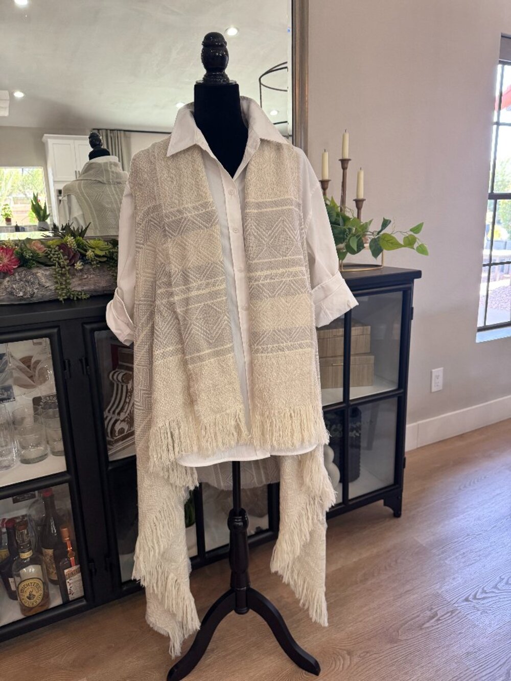 Topshop Cream & Grey Patterned Shawl Collar Blanket Vest - One Size